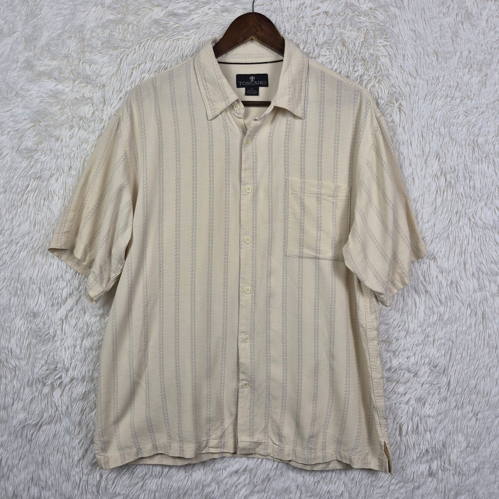 Toscano Mens XL Silk Short Sleeve Button Down Shirt Cream Textured Stripe Resort